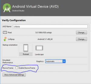 enable device frame android emulator bluury